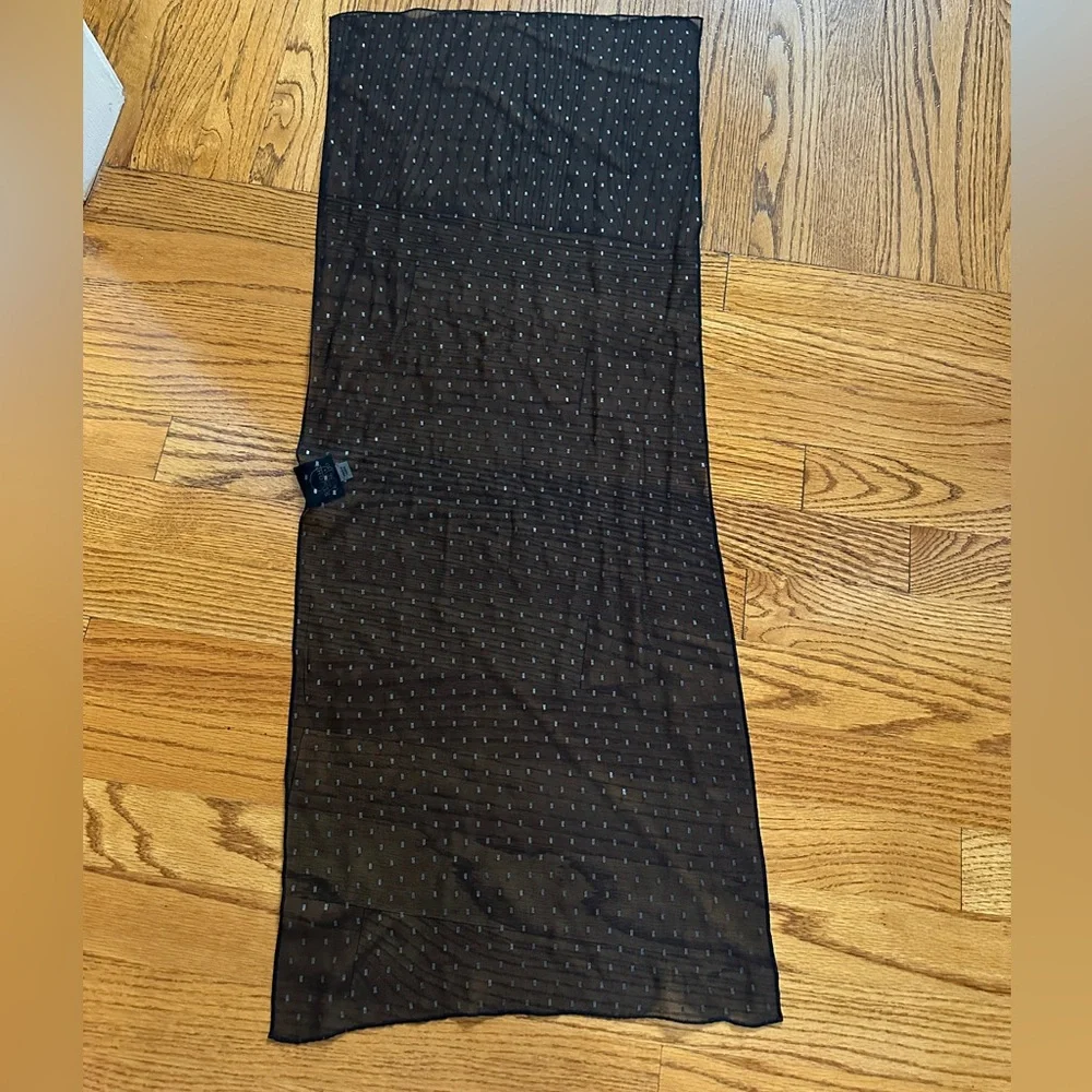 St. John Black Sheer Silk Scarf with Gold Polka Dots